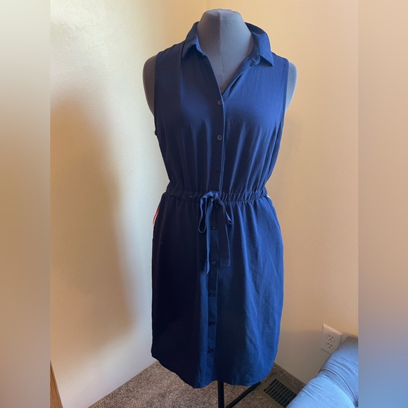 Navy Button Down Shirt Dress with Tie Waist and Pockets - Picture 2 of 3